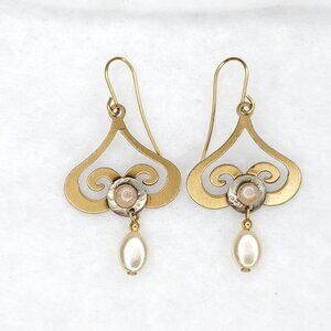 Silver Forest Earrings Gold Tone Swirl Pearl Drop Dangle Heart Upside Down